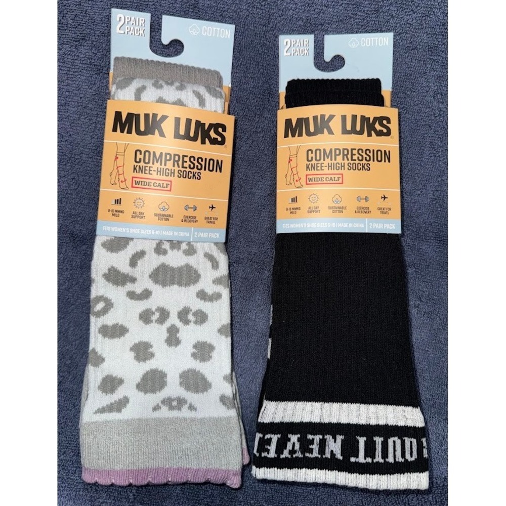 Muk Luks 4 Pair Wide Calf Compression Knee High Socks Women 6-10 Cheetah Black